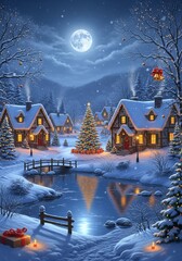 Winter Village Christmas Eve - A picturesque winter village scene at Christmas Eve, with snow-covered houses, a glowing Christmas tree, and a tranquil pond reflecting the moonlight