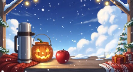 Winter Wonderland Cozy Scene - Festive winter scene with thermos, jack-o'-lantern, apple, gifts, and snowfall. Perfect for holiday cards or winter blogs