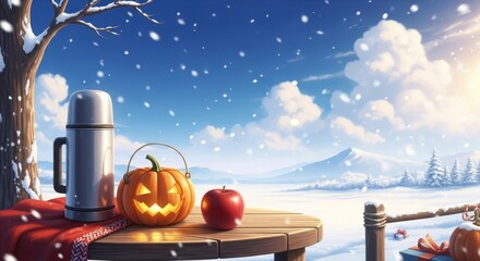 Winter Wonderland Picnic - A cozy winter scene with a thermos, jack-o'-lantern, apple, and gifts on a wooden table overlooking a snowy landscape