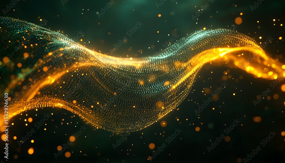 Poster abstract design of shimmering golden particles in motion.