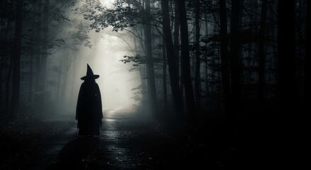 Witch in Foggy Forest Path - A mysterious silhouette of a witch in a pointed hat walking down a fog-shrouded path in a dark forest. Eerie and atmospheric