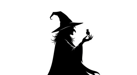 Witch Silhouette with Bird - Mysterious witch silhouette, holding a small bird, against a white background. Symbolizing magic, mystery, nature, companionship, and the occult