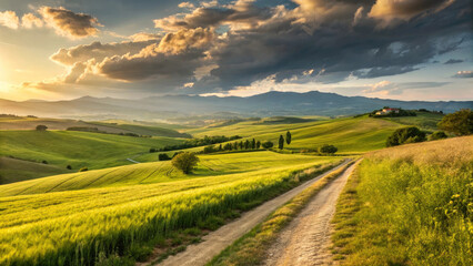 Obraz premium Sunset Over Rolling Hills and Wheat Fields
