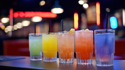 Colorful Cocktails on Bar Counter with Bokeh Lights – Vibrant Nightlife Scene for Party, Drink, and Hospitality Concepts