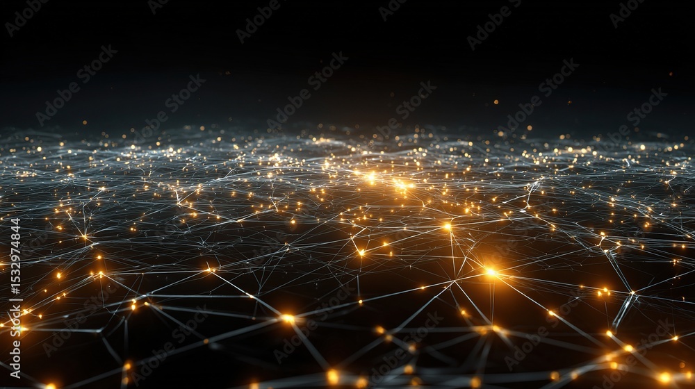 Poster high-resolution network node matrix spread across a dark background