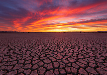 Sunset over a dry cracked desert landscape with an arid ground and textured soil