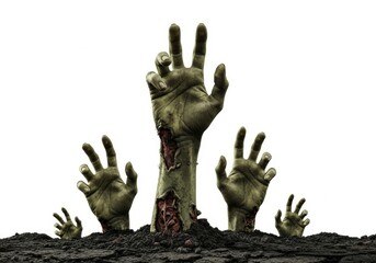 Zombie Hands Emerging From Grave - Decaying zombie hands claw from the earth against a white background. Perfect for Halloween or horror themes