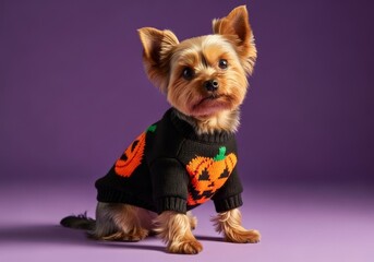 Yorkshire Terrier in Halloween Sweater - Adorable Yorkshire Terrier dog wearing a cute black Halloween pumpkin sweater against a purple background