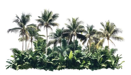 Tropical palm trees and lush foliage against a white background.