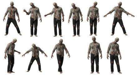 Zombie Poses Collection - Twelve diverse zombie poses, perfect for Halloween, horror, or gaming projects. High-quality 3D s on a white background