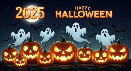 2025 Halloween Pumpkins Ghosts Bats - Spooky Halloween scene with glowing pumpkins, friendly ghosts, bats flying under a full moon. Symbolizing autumn, celebration, spooky fun, supernatural, harvest