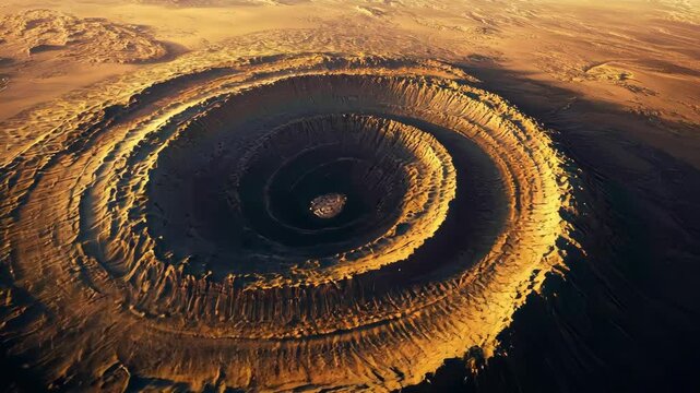 Richat Structure aerial view, also known as the Eye of the Sahara in desert landscape. Travel destination in Sahara desert landscape.