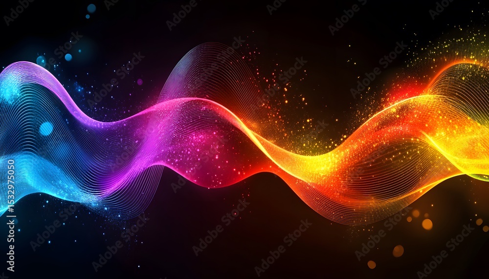 Poster colorful abstract wavy lines with sparkling particles on a dark background.