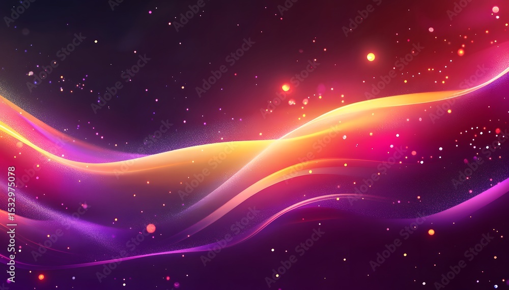 Poster abstract design with flowing, vibrant colors and sparkling particles.