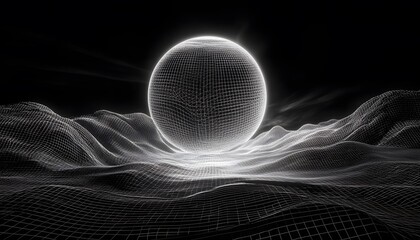 Digital rendering of a sphere and undulating terrain.