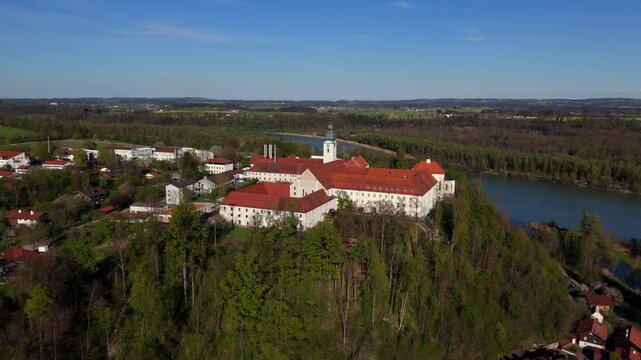 Luftbildaufnahme Kloster Attel bei Wasserburg mit Michaelskirche gehort zu den altesten Kultstatten des weiten Umkreises Wasserburg am Inn, Germany, Bavaria. Baroque architecture, spring landscape. 