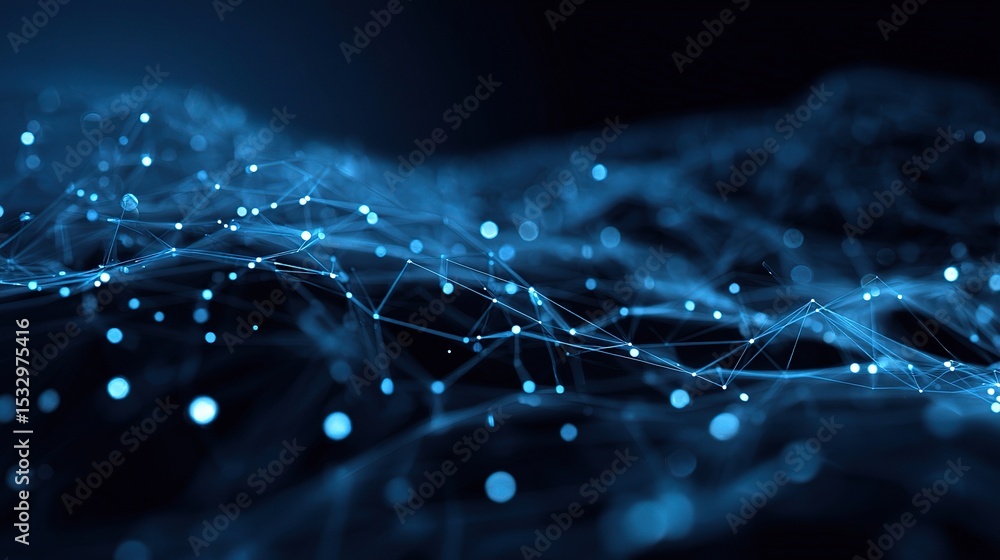 Poster abstract deep blue mesh data visualization with illuminated nodes