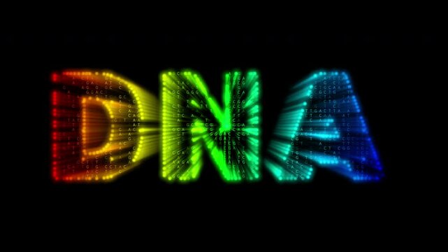 Abstract colorful 3D DNA text typography animation with moving base letters A,T,C,G and vibrant color gradient, transparent background, alpha channel, seamless loopable for science, biotech visuals