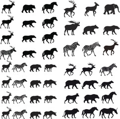 Silhouettes of Wild Mammals in Symmetrical Grid  Deer Bears Zebras and Horses in Profile View