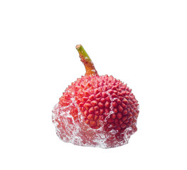 Single, vibrant red lychee, frosty exterior