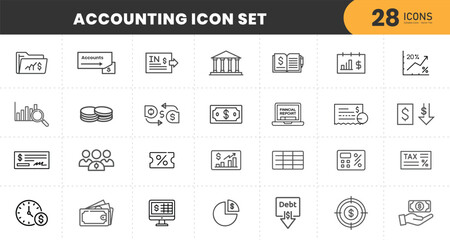  Accounting flat icons collection. Accounting of business affairs and work. Invoice, tax, accountant, financial statement, tax calculator.

