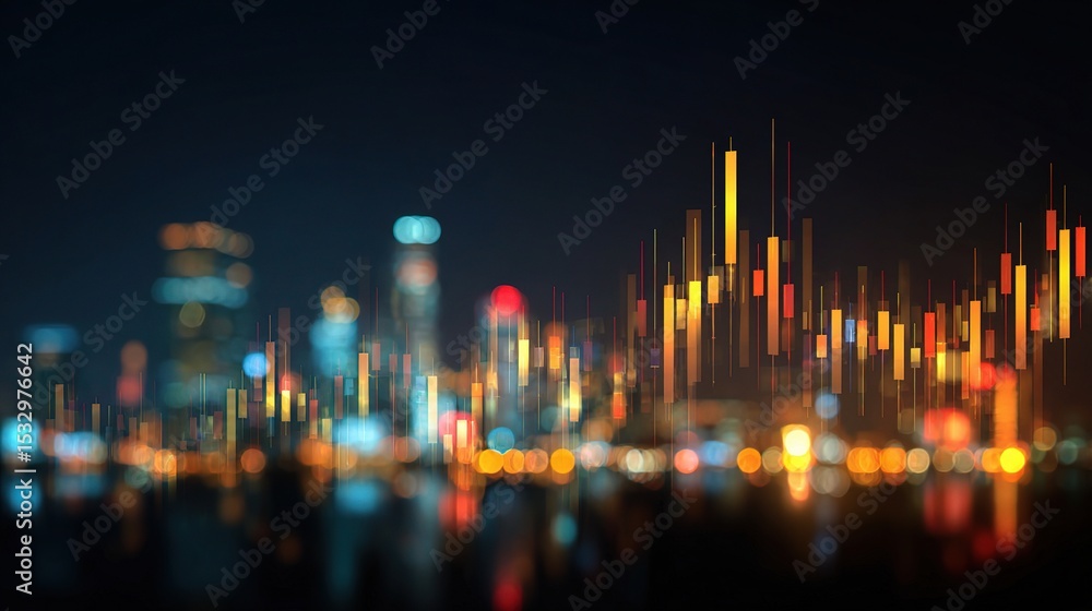 Poster futuristic cityscape with luminous candlestick chart data visualization