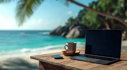 Laptop, coffee cup and smartphone on a wooden table with a tropical beach in the background, representing the work from home concept