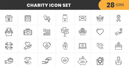  charity icon set. charity and donation icon set, Help, volunteer, donated assistance, sharing, and solidarity symbol. Solid icons vector collection.
