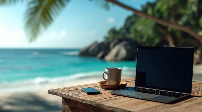 Laptop, coffee cup and smartphone on a wooden table with a tropical beach in the background, representing the work from home concept
