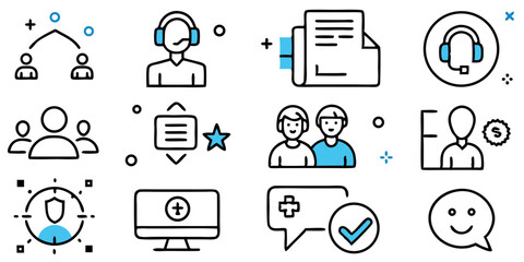  Outline Support & Communication Icons Collection. Minimalist Line Art for Help Desk and Online Interaction. Outline Vector Art
