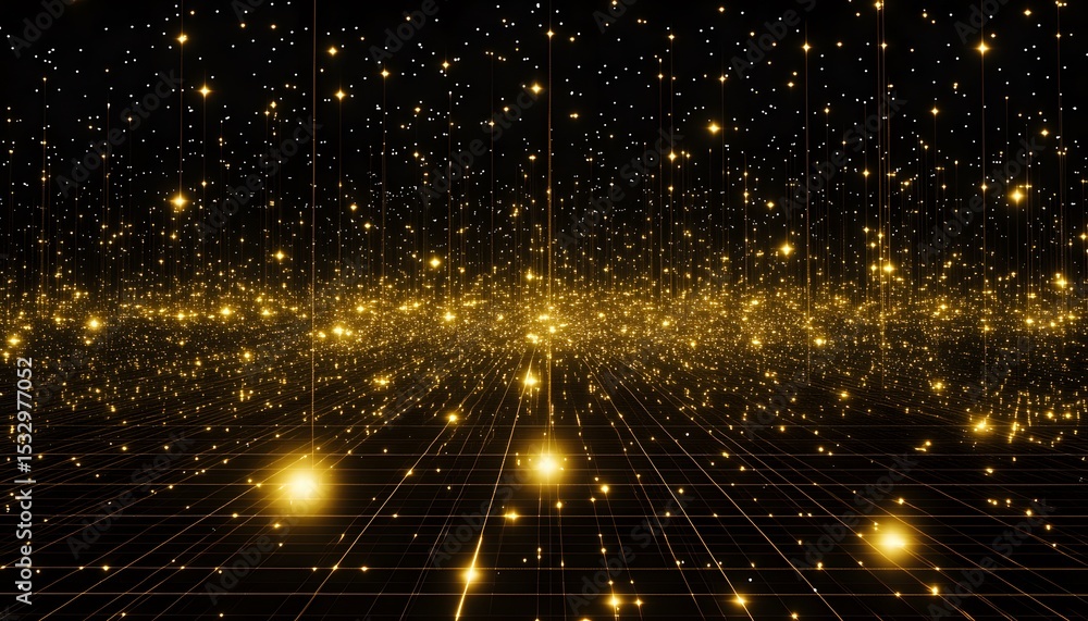 Poster golden network of glowing points in a dark space.