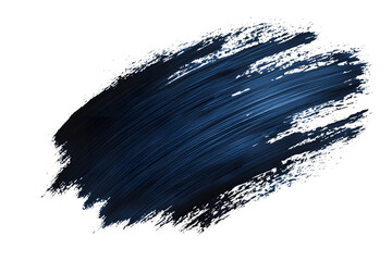 Dark blue paintbrush stroke isolated on transparent background. Bristles point upwards, texture and splatter of paint visible. Close-up view of artistic brush mark, grunge design, watercolor effect.