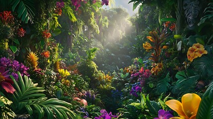 Obraz premium Vibrant tropical flora in a lush jungle setting.