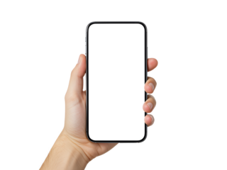 Realistic hand holding smartphone with blank screen isolated on transparent background — perfect PNG for app mockups, UI design, mobile tech, and digital concepts.