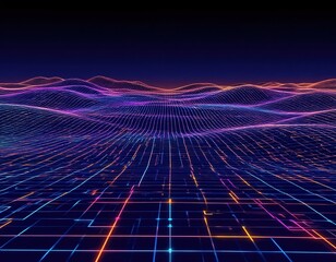 An open landscape covered in glowing neon patterns and abstract lines, stretching beyond the horizon.