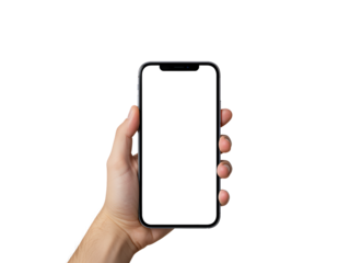 Realistic hand holding smartphone with blank screen isolated on transparent background — perfect PNG for app mockups, UI design, mobile tech, and digital concepts.
