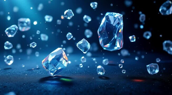 Shifting crystalline objects floating in space, reflecting light and casting colorful shadows across a dark backdrop