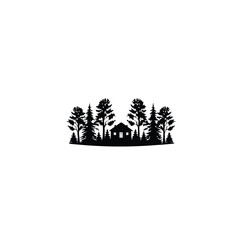 A forest silhouette with a small wooden cabin in the middle silhouette on white background