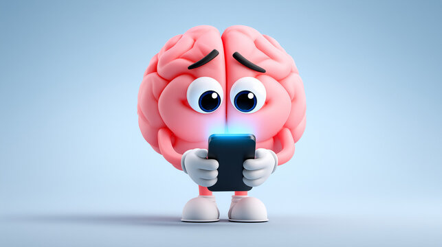brain using smartphone. Overstimulated brain focused on phone. Brain issue or over scrolling mental health. scrolling hand with a phone