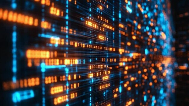 Abstract Digital Animation of Binary Code with Glowing Orange and Blue Digits
