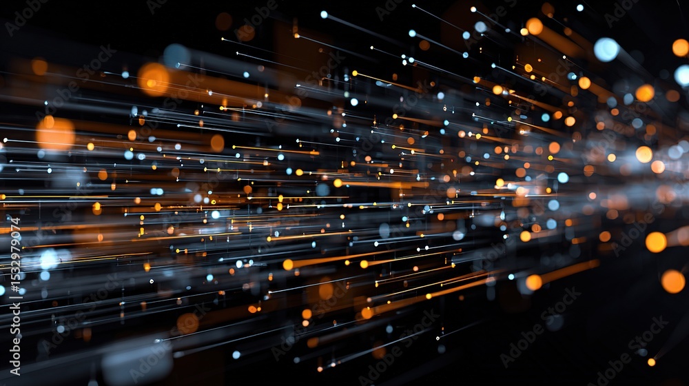 Poster abstract floating data panels connected by glowing lines and dots