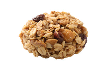 Delicious granola bite closeup view with oats and dried fruit snack food isolated on transparent background