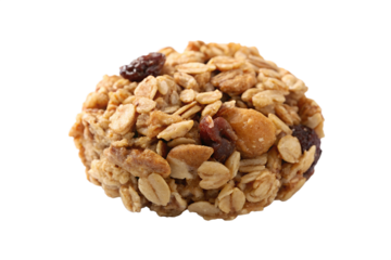 Delicious granola bite closeup view with oats and dried fruit snack food isolated on transparent background