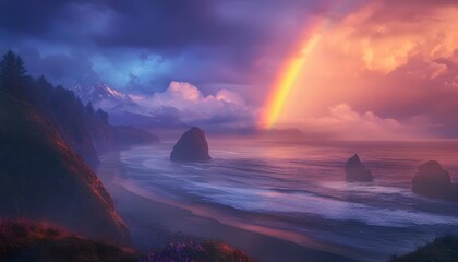 Dramatic coastal scene with a vibrant rainbow.