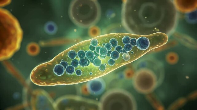 3D animation: intracellular environment showing a glowing cytoplasm background with various blurred organelles, smooth cytoskeleton filaments,