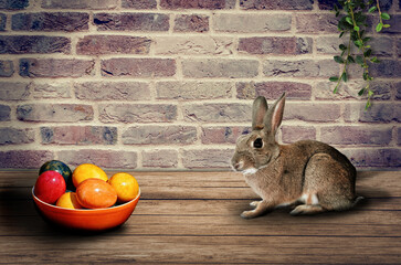 Bowl of colorful eggs and bunny on a wooden table with a 3D illustrated word 