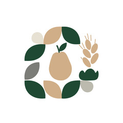 Organic food icon with fruit, wheat and leaves symbolizing ESG agriculture

