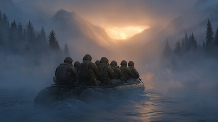 A photorealistic boat with soldiers in fog on a lake at dawn