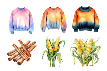 A collection of cozy sweatshirts in vibrant colors, paired with fresh corn and cinnamon sticks, representing autumn's warmth and comfort. Perfect for seasonal themes.