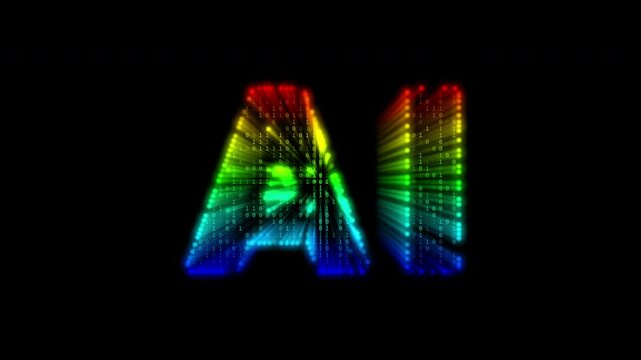 Abstract colorful 3D AI text typography animation with glowing binary code and rainbow color gradient, transparent background with alpha channel, seamless loopable, for tech motion and digital design